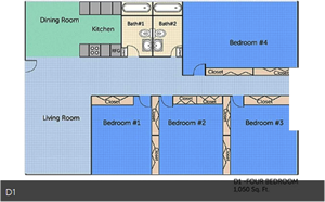 D1 - Four Bedroom / Two Bath - 1,050 Sq. Ft.*